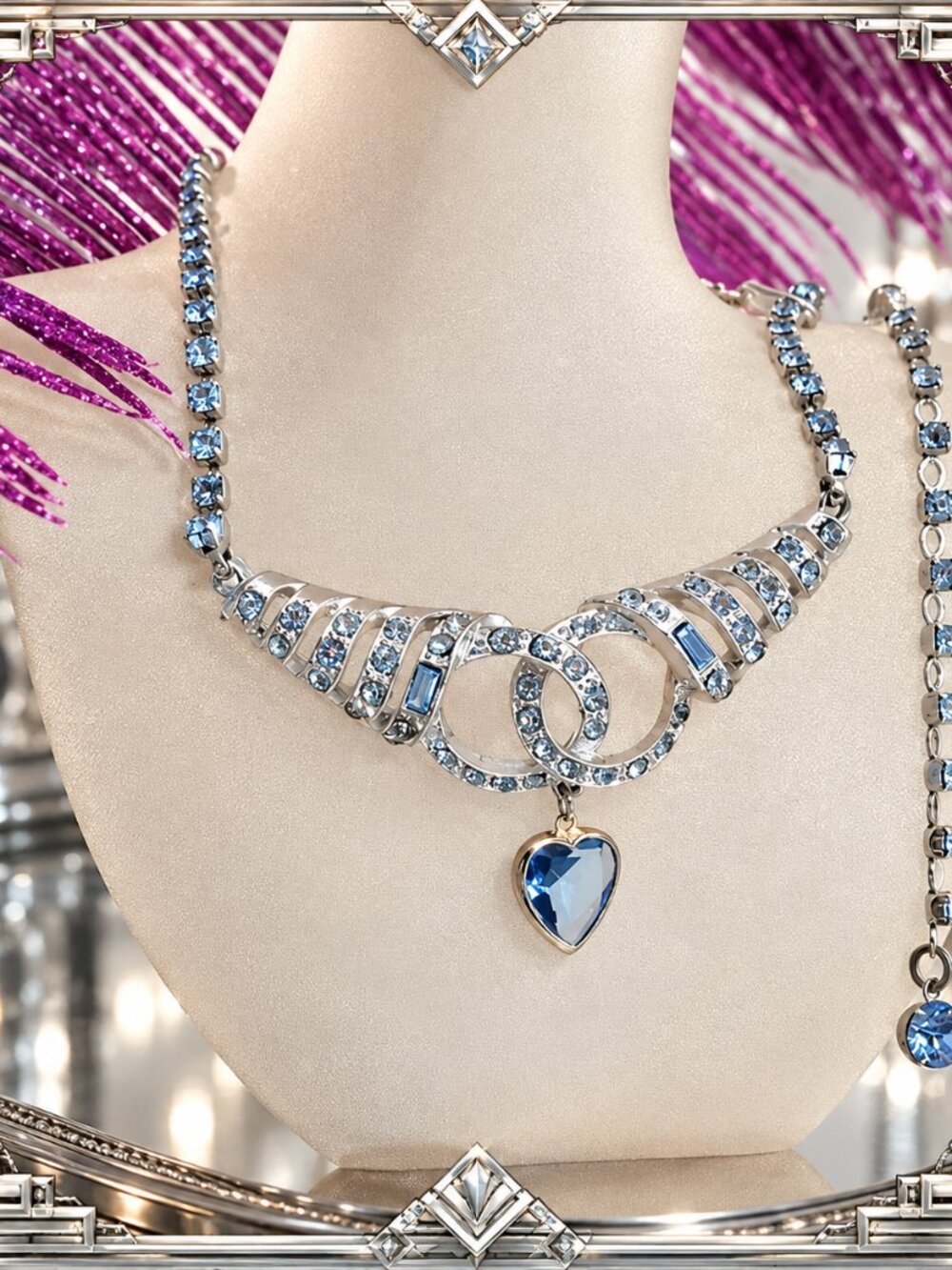 1950s Signed CORO Heart Necklace Silver w Aqua Blue Rhinestones